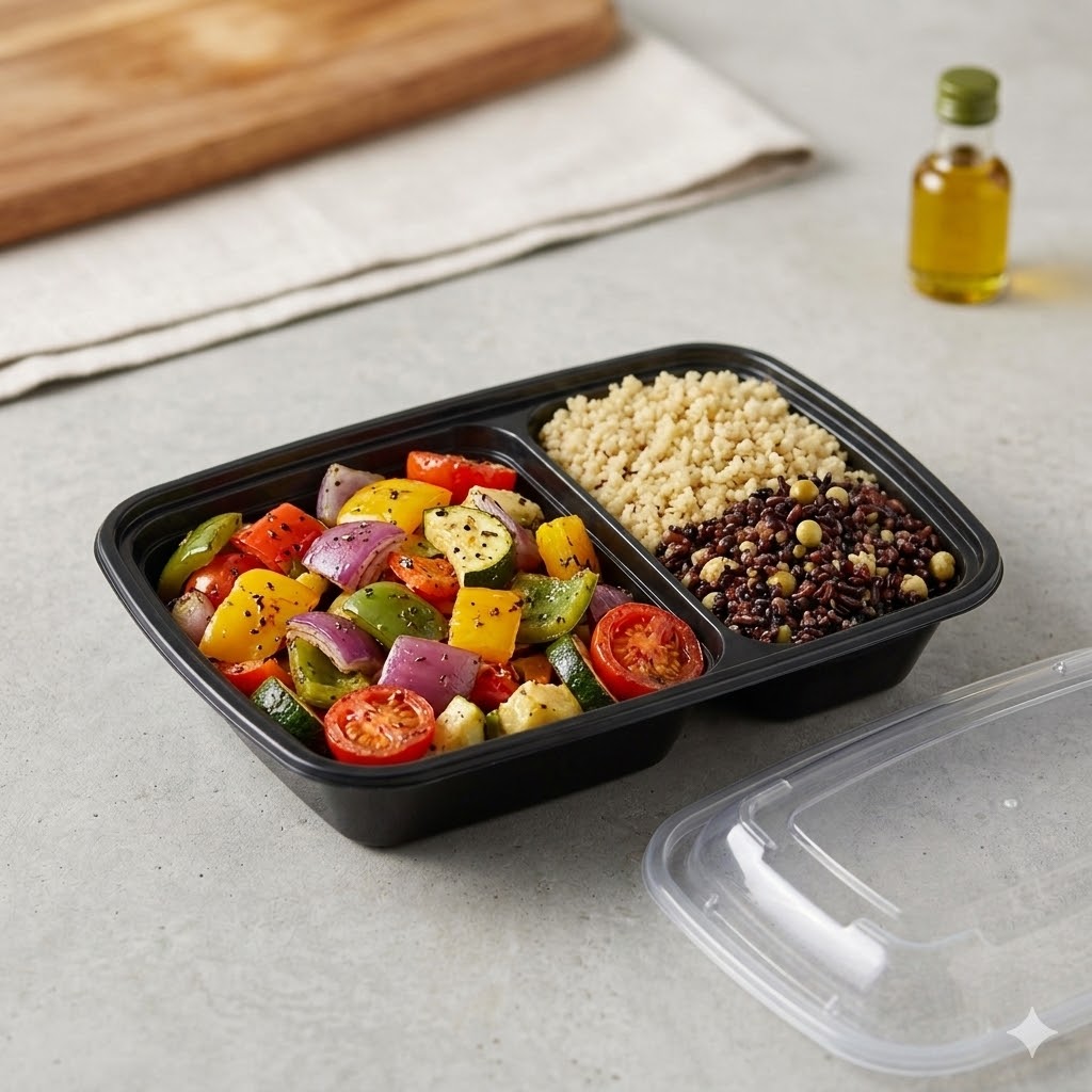 32oz Black Rectangle Containers with Lid 2 Compartment