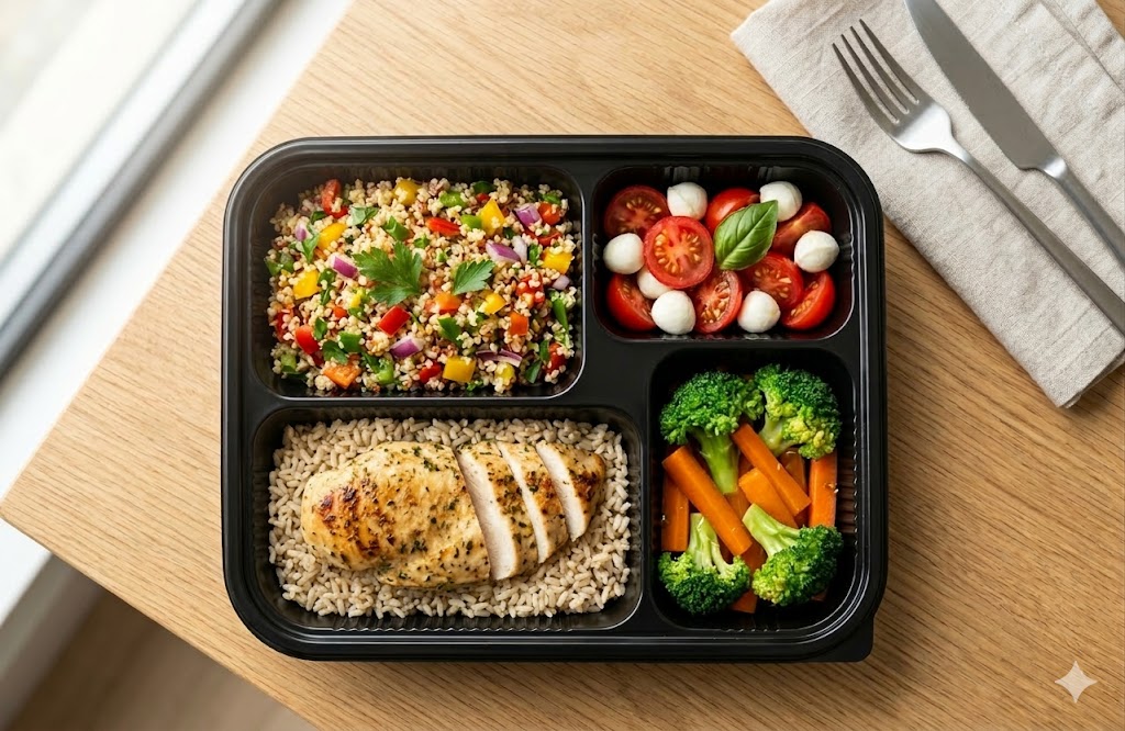 34oz Black Rectangle Container 4-Compartment