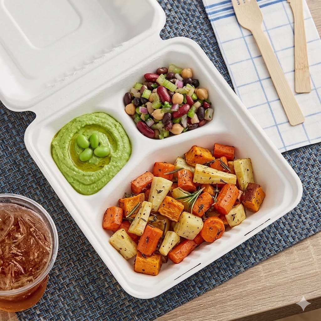 PFAS-Free Bagasse Container 8" x 8" 3 Compartments