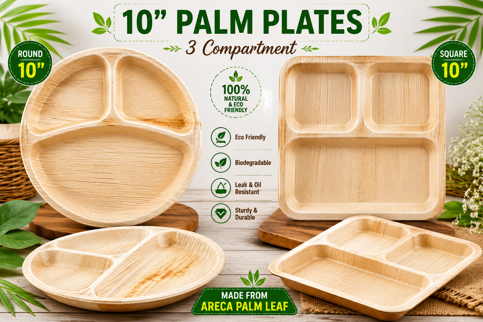 10" Round Areca Palm Leaf Plate 3-Compartment –