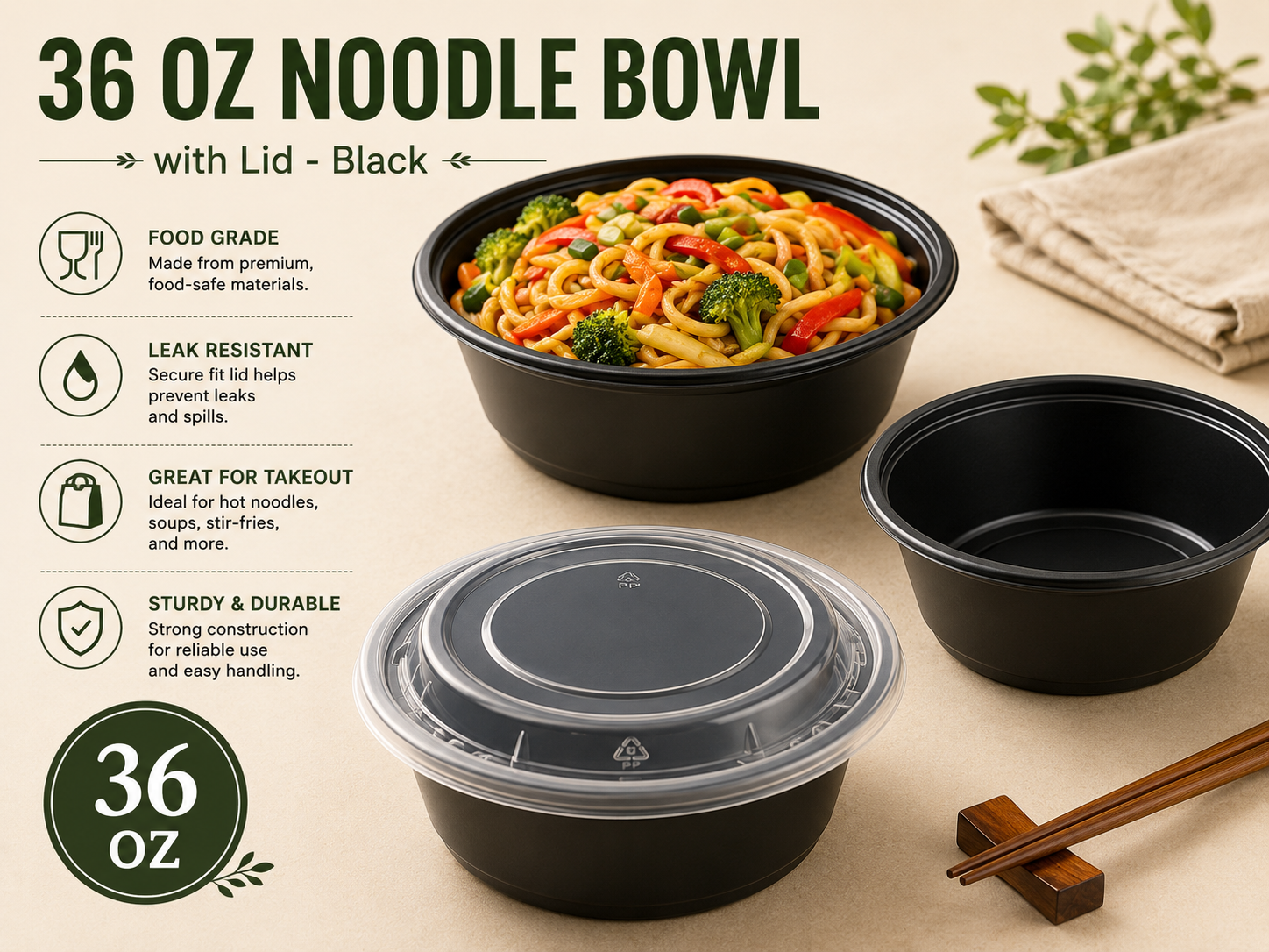 36oz Noodle Bowl with Lid Black