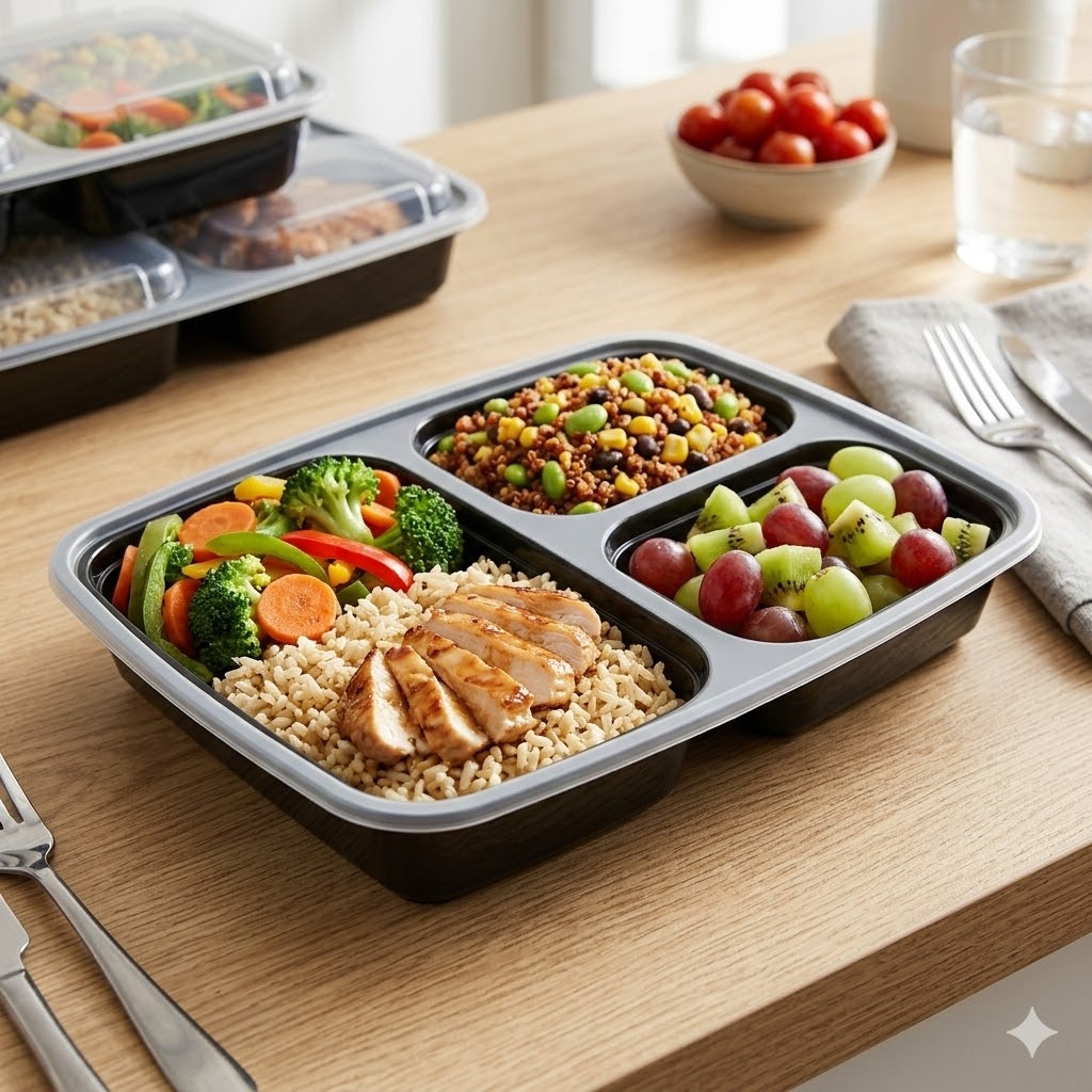 33oz Black Rectangle Containers 3 Compartments